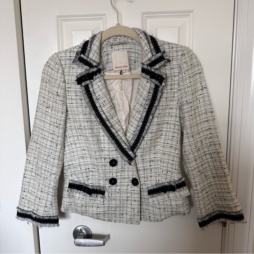 Rebecca Taylor Tweed Crop Blazer Fringe Ribbon Size 4 White with Black and Blue